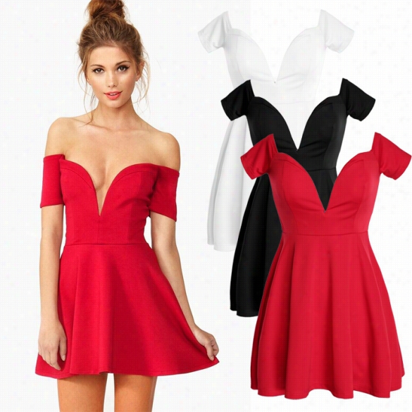 Lady Women's New Fashiion Short Sleeve Deep V-neck Dress Sexy Mini Stralpess Dress