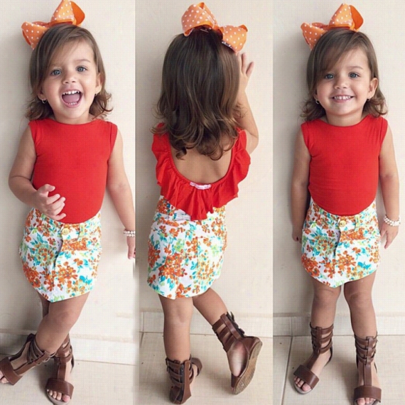 New Children Girl's Wear Sleevelews Backless Top And Print Skirt Cute Two Piece Set Outfits