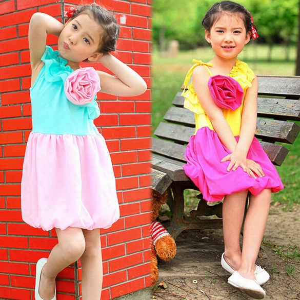 New Children K Id Girls Cute Flower Sleeveless Party Dress Bubble Dress 3 Coolors