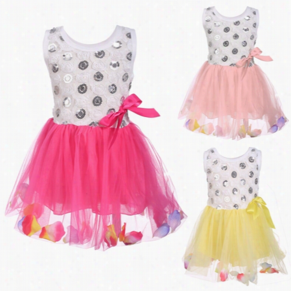 New Children Kids  Girl&&#039;sw Ear Cute Lovely Ssleeveless O-neck Sequin Lace Floral Dress With Petals