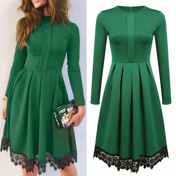 New Elegant Women Lace Splicing Dress Slim Casual Long Sleeve O-neck Pleated Dress