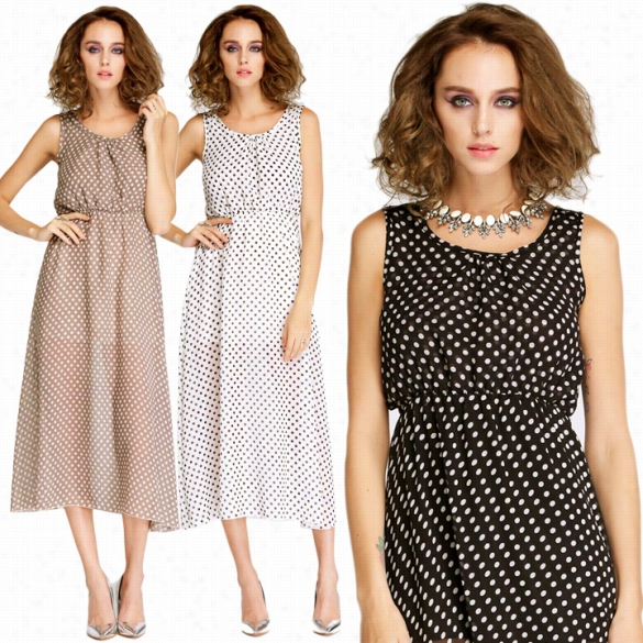 New Elegant Women's Psrin Long Chiffon Polka Dot Sleeveless Maxi Dresses