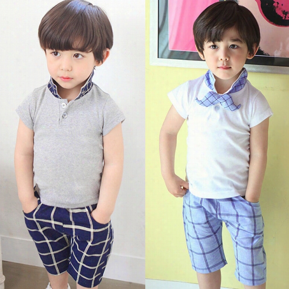 Newfashion Boy' Utrn Down Neck Short Sleeve Tops And Plaid Knee Length Shorts Outtfit