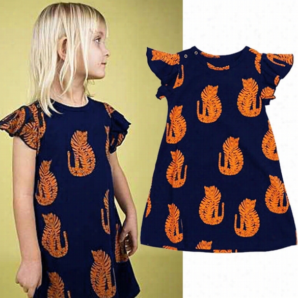 New Fashion Kids Girl's Animal Printed Cute Cap Sleeve O-neck Straight Short Dress