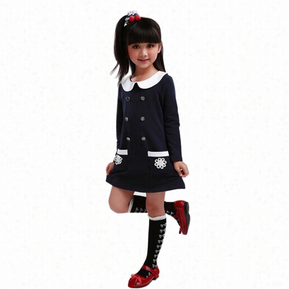 New Fashion Korean Cute Kids Girls Long Sleeve Doll Collar Doubl E-breasted Dress