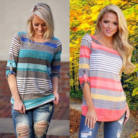 New Fashion Women Casual O-neck Long Sleeve Striped Knit Tops Loose T-shirt