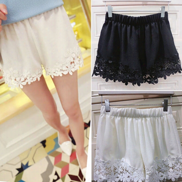 New Fashion Women's Elastic Waist Lce Trim Chiffon Lace Trim Casual Shorts