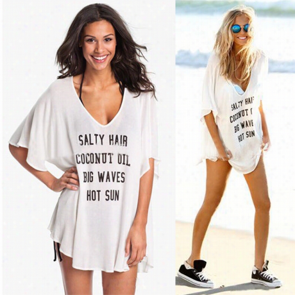 New Fashion Women's V-neck Medium Sleeve Loosse-fitting Letter Prinnt Casual Beach Mini Shift Dress