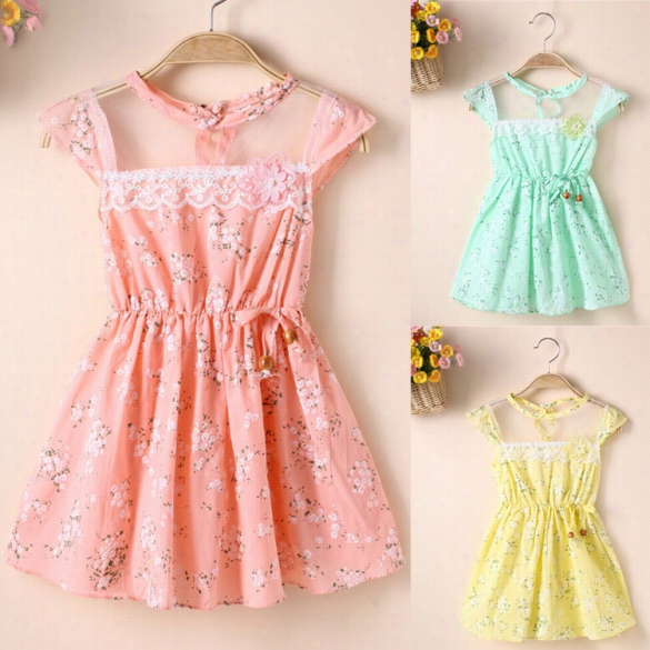 New Kids Girl's Korean Wera Rounc Neck Applique Decoration Print Mesh Lace Patchwork Dress