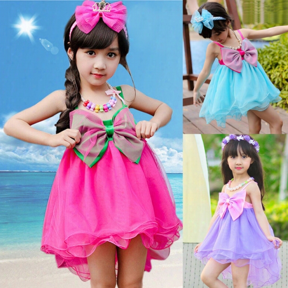 New Kid S Girl's Wear Cute Adjustable  Strap Patchwork Bow Decor Irregula Hem Ball Gown Party Dress