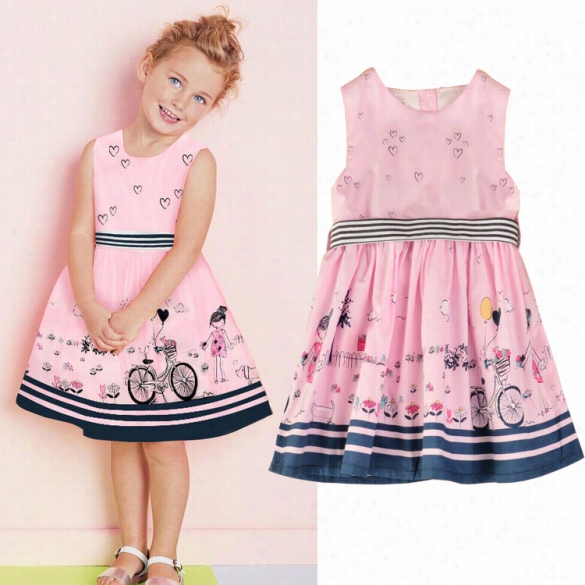 New Kids Girl's Wear O Neck Sleeveless Cartoon Printing Sweet Dress