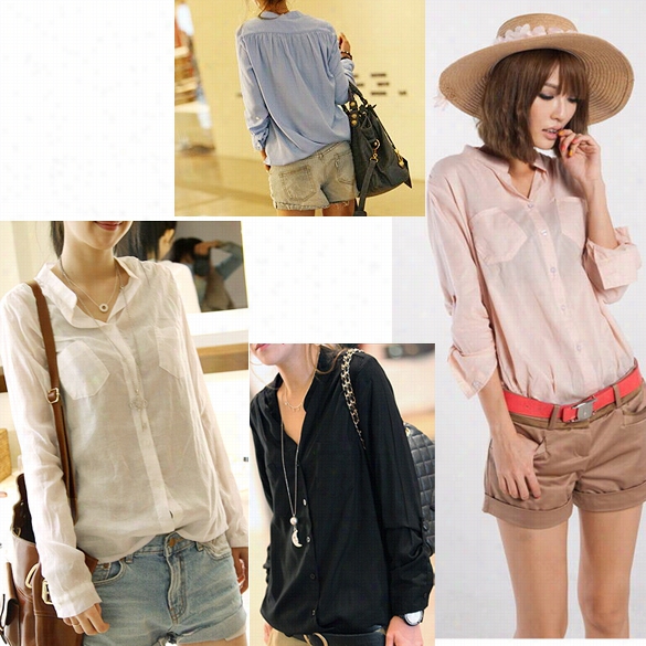 New Korea Women Button Down Shirrt Casual Shirt Blouse Ong Sleeve Tops