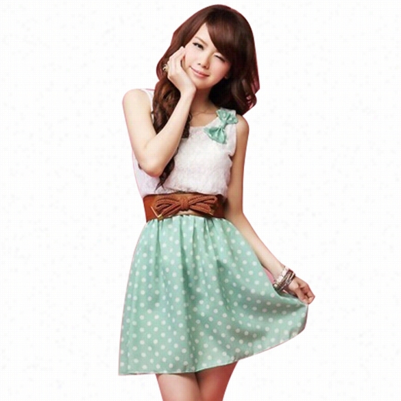 New Korean Fashion Styls Polka Dot Sweet Lovely Mini Dress Orange&qupt;green Lace Topp With Belt