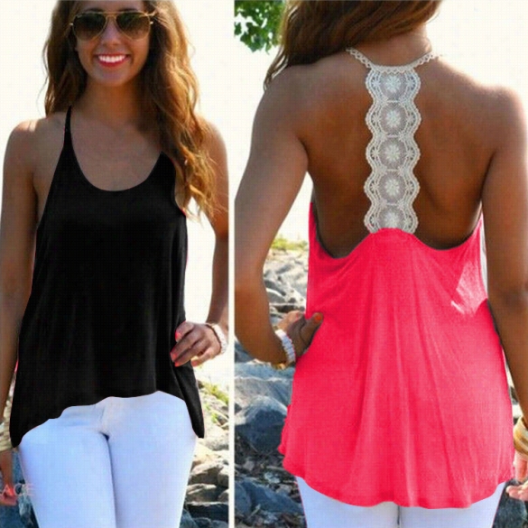 New Lady Women Fashion Sleeveless Backless Lace Casual Irregular Loose Sexycami Top