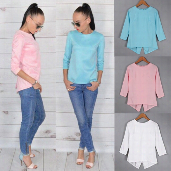 New Lady Woke's 3"4 Sleeve Round Neck Back Button Asymmetric Hem Chiiffon Shirt