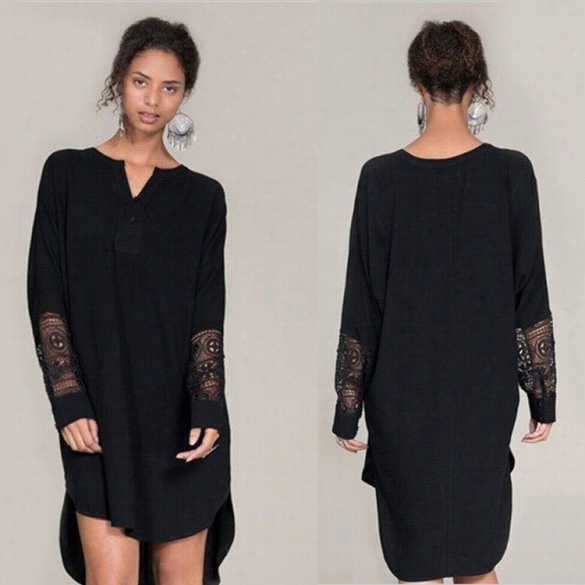 New Lady Women's Black Long Sleeve V-neck Asymmetric Hem Loose Dress