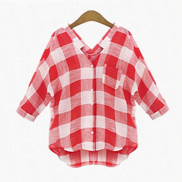 New Lady Women's Fashion Loose Medim Sleeve V-neck Plaids Hirt Blouse