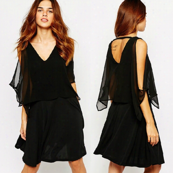 New Stylish Ldaies Women Accidental  O-neck Chiffon Patchwork Off Shoulder Backless Dress