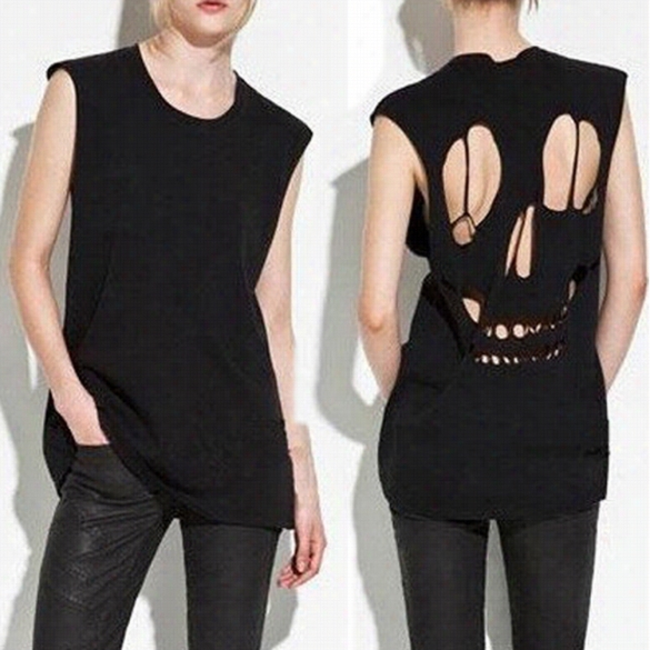 New Stylish Ladies Owmen C Asual Sleeveless Lazer Cut Skull Print Back Cut Out Top