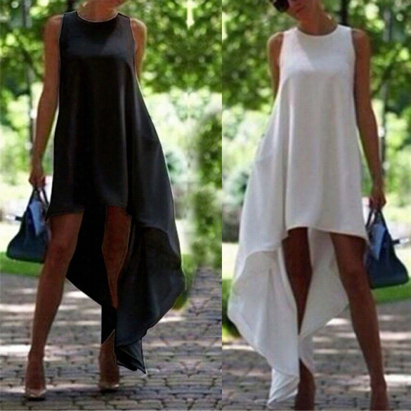 New Stylish Lady Women Sleeveless O-neck Casual Asymmetric Hem Loose Dres