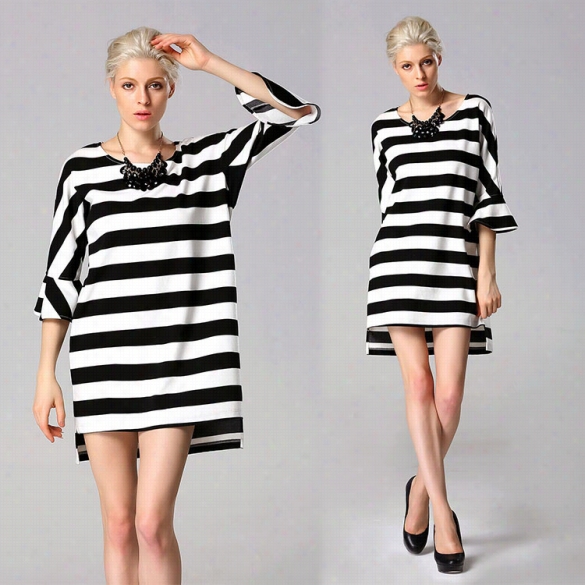 New Stylish Woman Of Rank Women's Fashion 3"4 Sleeve O-n Eck Loose Sstriped Casual Dress