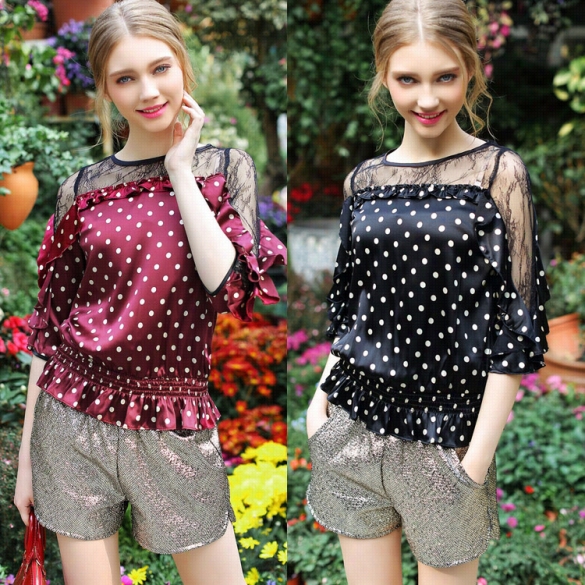 New Sytlish Lady Women's Fashion Three Quarter Sleeve O-neck Sexy Slim Elastic Waist Chiffon Tops Blouse