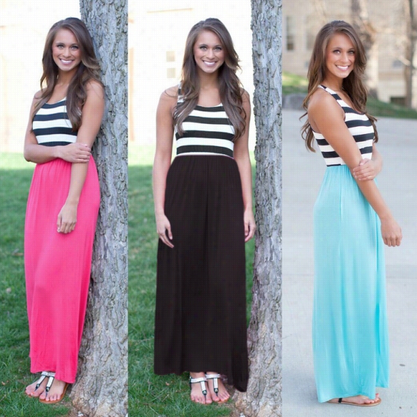 New Sfylihs Lady Women'ssleeveless Striped O-neck Party Maxi Long Dress