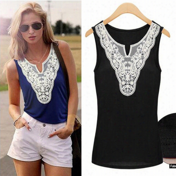 New Stylish Women's Fashion Sleeeveless Casual Lace Spplicin Loose Top Bluose