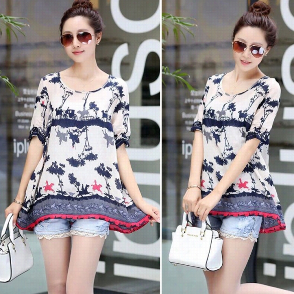 New Stylish Wmoen's Ladies Short Sledve O-neck Printing Casual Loose Chiffon Tops Shirt Blouse