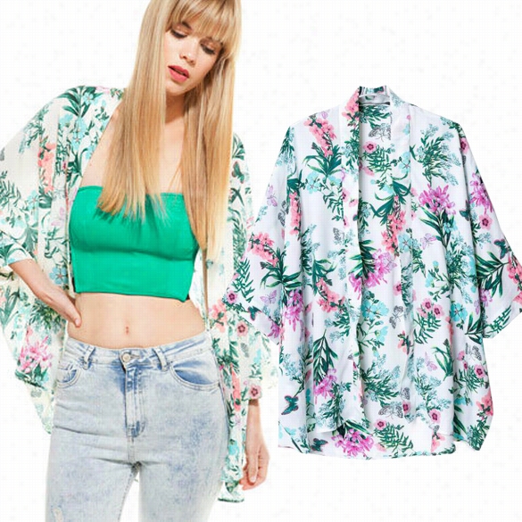 New Summer Vintge Women Ethnic Floral Chiffon Loose Kimono Jacket Coat