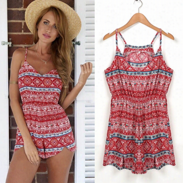 New Women Fashion Sleeveless V-neck Print Sexy Casual Spaghhetti Straps Mini Jumpsuit