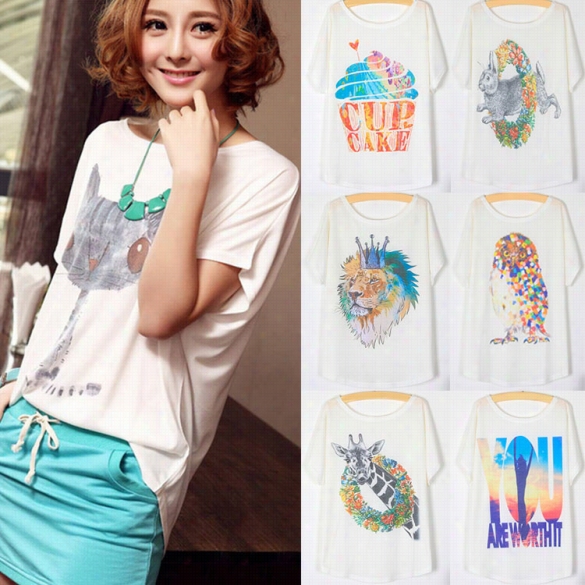 New Women Sexy Summer Loose Batwing Sleeve Animal Printed  Casual Tshirt Top