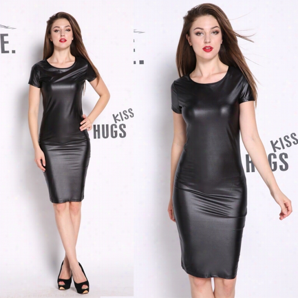 New Women's Fashion Faux Leathers Exy Look Short Sleeve Middi Party Dress