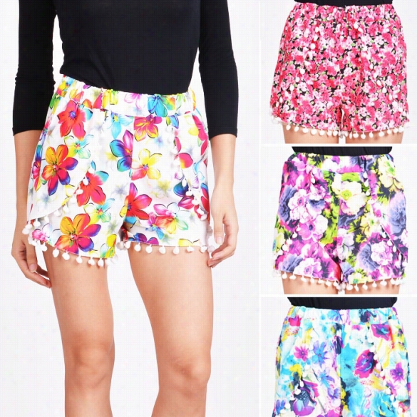 New Womens High Waist Tassel Festival Print Summer Casual Beach Gym Shorts Pantss