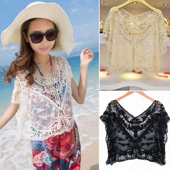 New Women's Hollow Out Batwing Sleeve Embroidery Floral Lace Crochet Tee T-sh Irt Highest Part Blouse