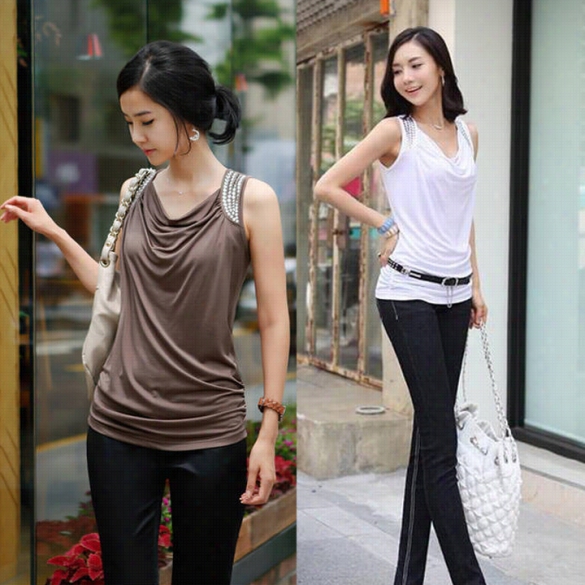 New Women's Summmer Fashion Rivets Bead Hsoulder Cowl Neck Drape Sleevelessc Asual Slim Vest Shirt Tops Blouse T-shirt