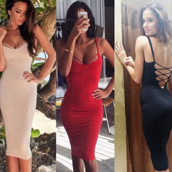 Sexy Ladies Women Spaghetti Strap Backless Derss Bodycon Strech Solid Dress