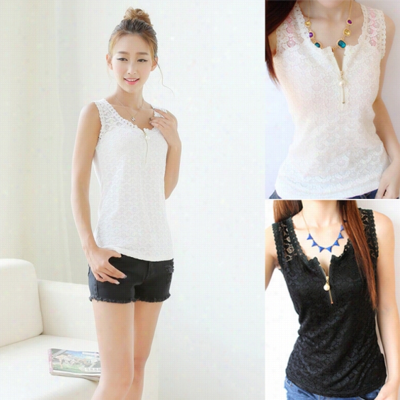 Sexy Women Accidental Sleeveless Zipper Lace Crochet Slim Stretch Tank Tops