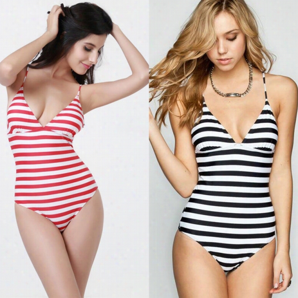 Sexy  Women Spaghetti Strap V--neck Back Cross  Stripe One Piece Swimwear Swimsuit
