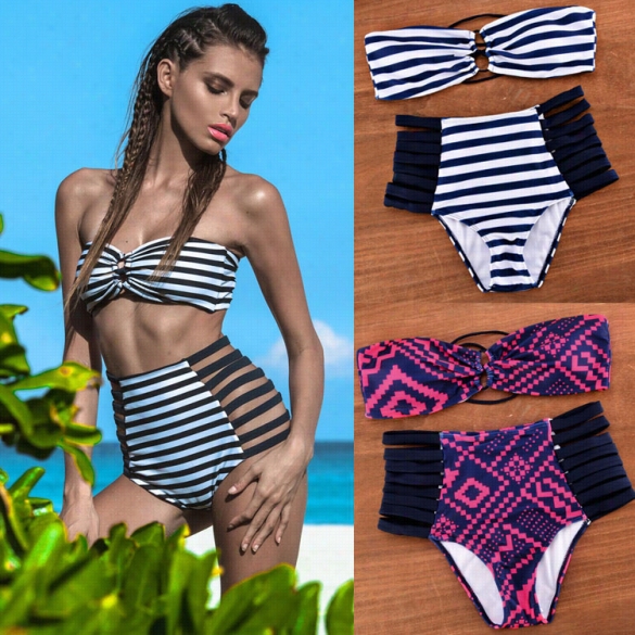 Sexy Women's Strapless Stripe Padded High Waist Bikinis Set Beach Swimsuit Swimwear Bandage Bra And Briefs