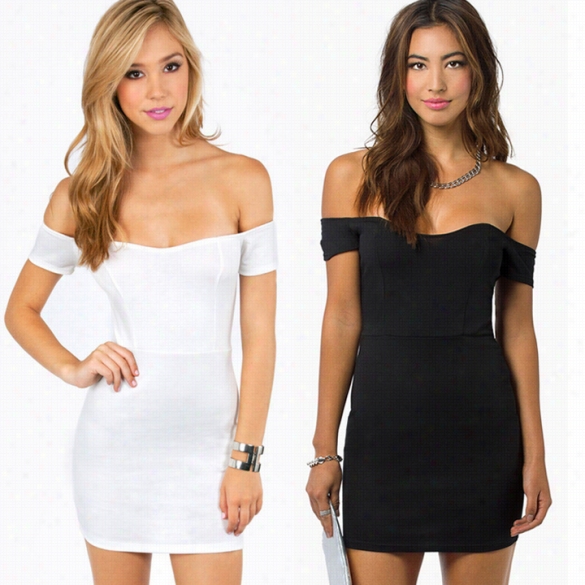 Short-sleeved Dress Sexy Shoulder Strapless Mini Dress Package Hip Sli