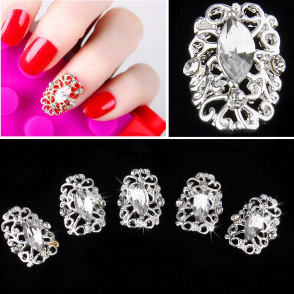 Silver Pltae 3d Hollow Crystal Full Nail Art Metallic Alloy Rhinestone  Stuckers