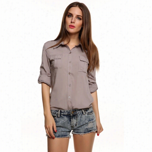 Stylish Ladies Women Casual Long Sleeve Lapel Pocket Button Solid Shirt Blouse