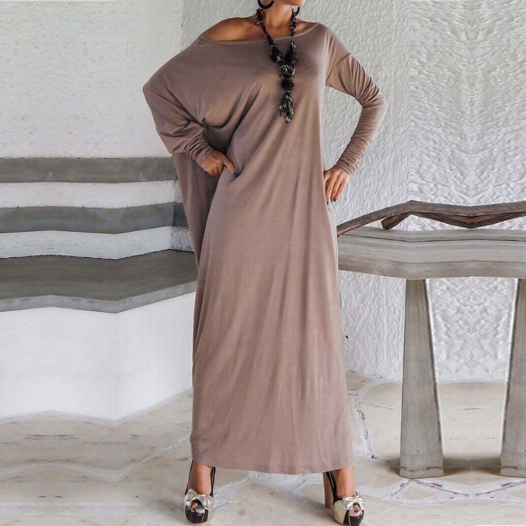Stylish Lladies Women Casual Ssey Off Shoulder A ~ Time Sleeve Loos Solid Maxi Long Straightparty Dress
