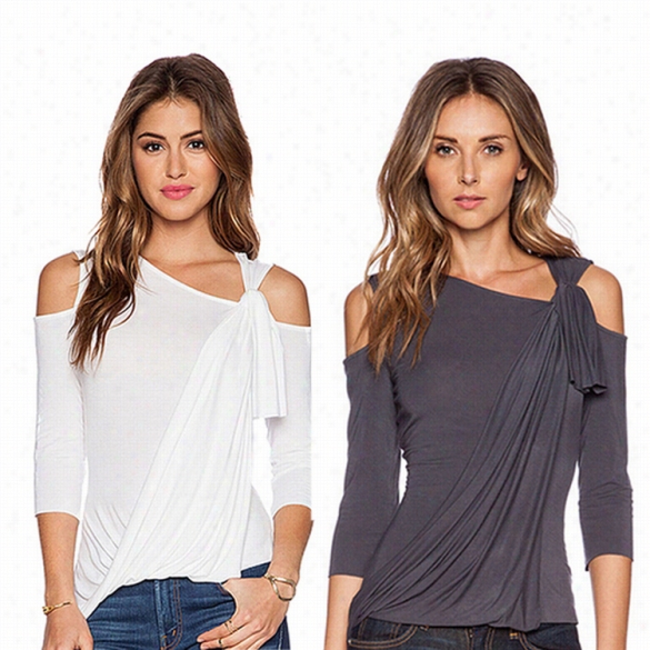 Stylish Ladies Women Fahsion 3"4 Ssleevr Cut-out Off Shoulder Asymmetric Hem T-shirt