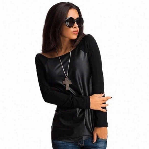 Stylish Ladies Women Long Sleeve Synthetic Leather Patchwork Blouse Fashion Casual Loose Tops