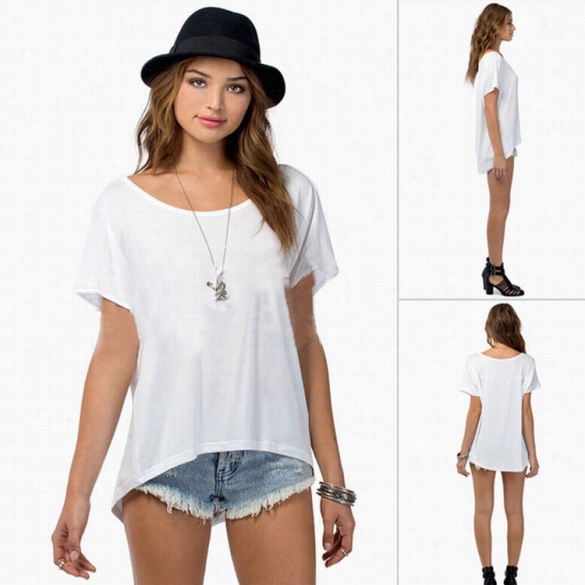 Stylish Ladies Women Solid Loose Shor Tl Eeve Irregular Casual T-shirt