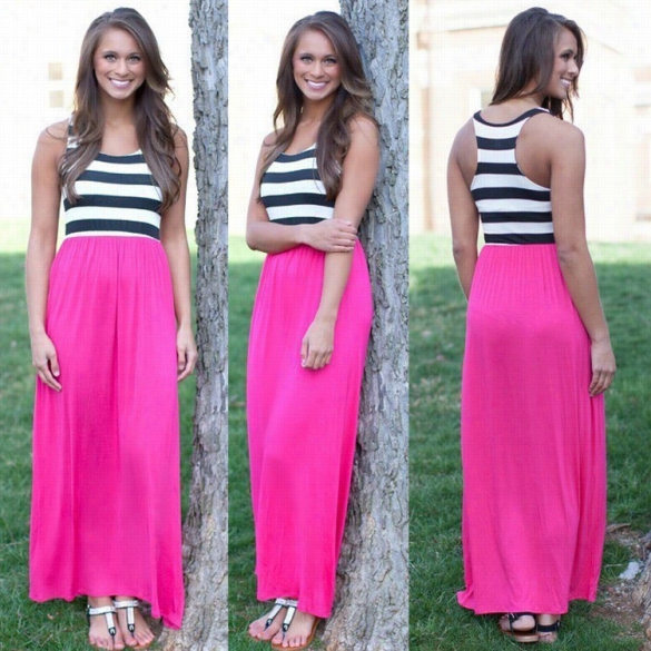 Stylish Ladies Wommen Stripe Elastic Waist Sleeveles Sfull Maxi Long Dress