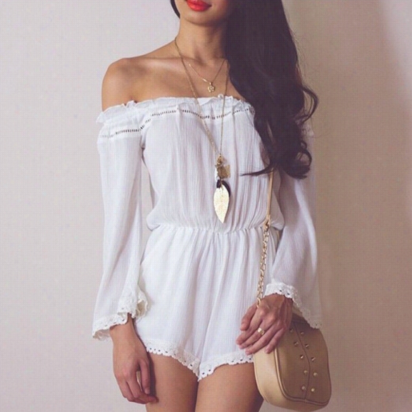 Stylish Lady Sexy Wome N's Casual Off-shooulder Long Sleeve High Waist Short Jumpsuit Overall White