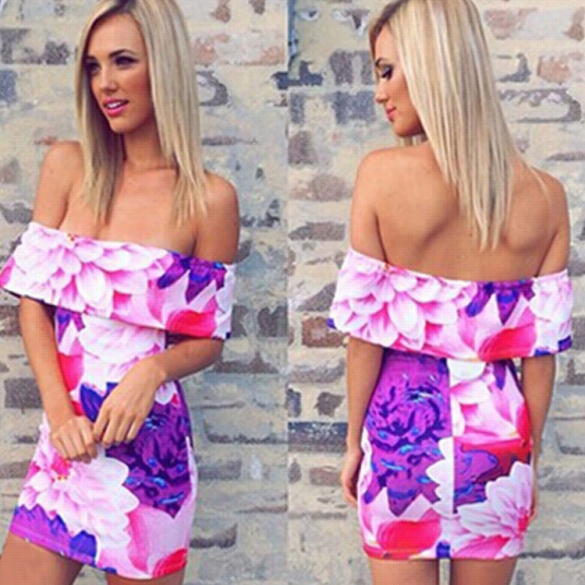 Stylish Lady Sexy Women's Off-shoulder Bacmless Boat Neck Bodycon Mini Floral Calico Dress